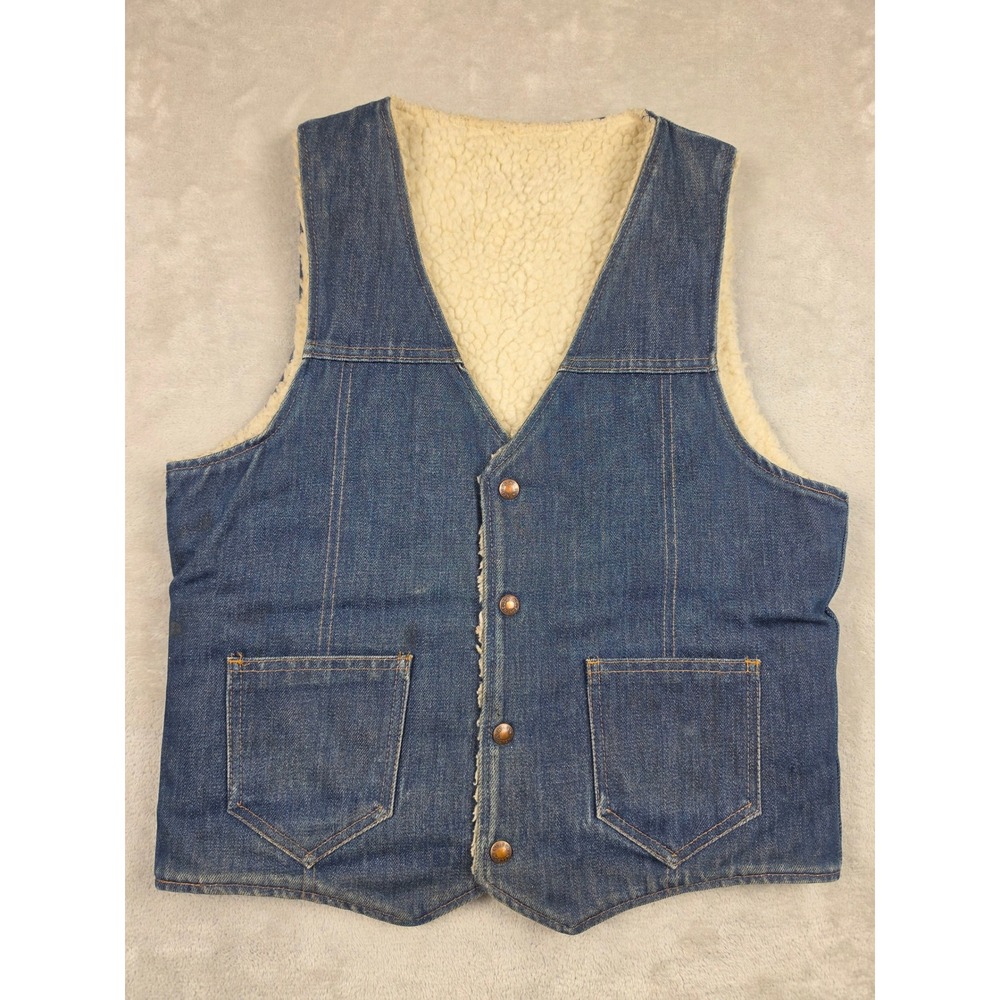 Vintage Nelson Denim Vest Mens M Fit S Blue Sherpa Lined Western Snap Work *Read